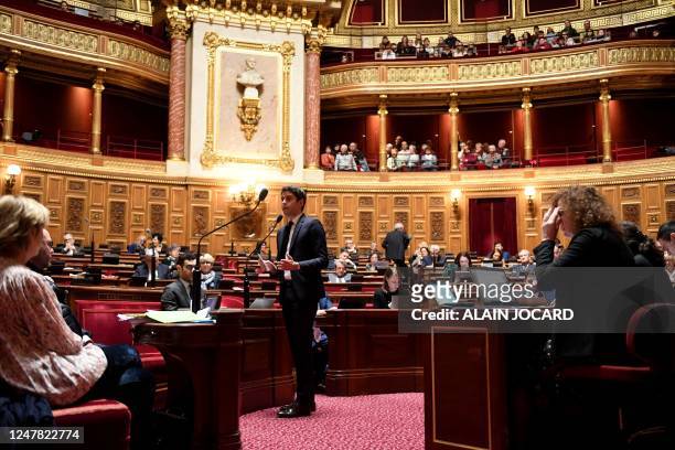 French Junior Minister for Public Accounts Gabriel Attal speaks during a debate and vote session on the government's pension reform at the French...
