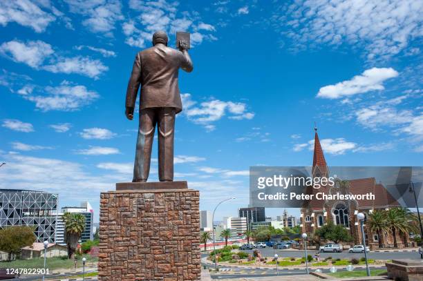 Statue of Sam Nujoma, the first President of Namibia stands in front of the Independence Memorial Museum, or National Museum of Namibia and faces the...