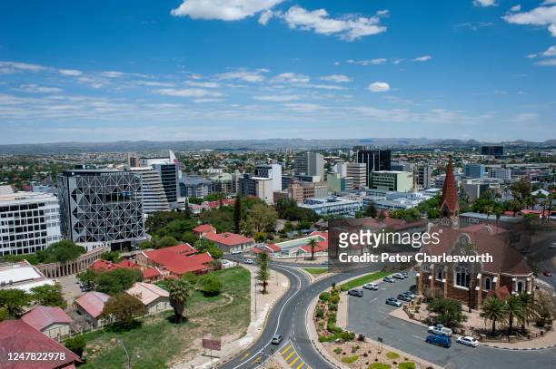 An aerial view of the capital city Windhoek and the Lutheran church called Christ Church which was designed by the architect Gottlieb Redecker is a...