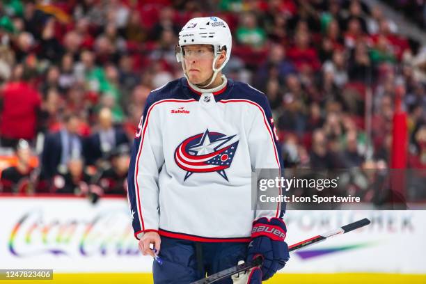 Columbus Blue Jackets Right Wing Patrik Laine before a face-off during third period National Hockey League action between the Columbus Blue Jackets...