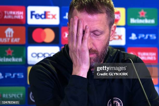 Chelsea's English head coach Graham Potter gestures as he attends a press conference at Stamford Bridge in London on March 6 on the eve of the UEFA...