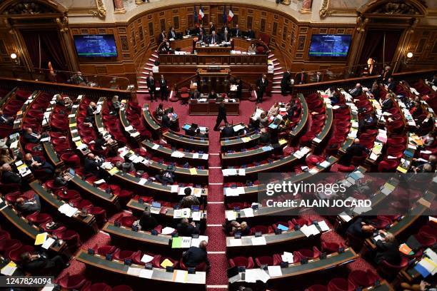 Senators attend a debate and vote session on the government's pension reform at the French Senate in Paris on March 6, 2023.