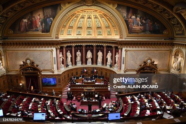 Senators attend a debate and vote session on the government's pension reform at the French Senate in Paris on March 6, 2023.