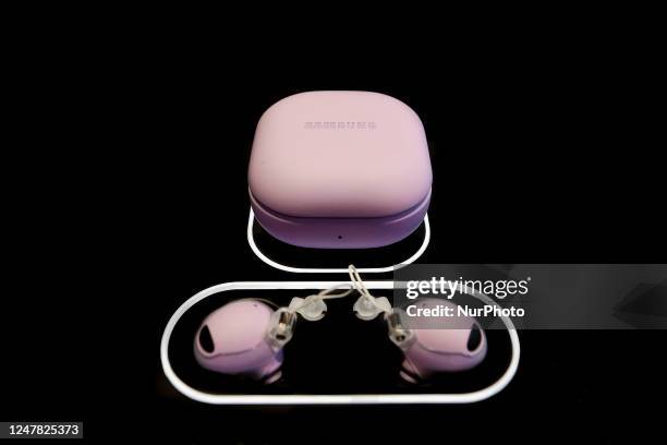 The Samsung Galaxy Buds2 Pro, the new earbuds by the Korean company, being exhibited in Lavender color during the Mobile World Congress 2023 on March...