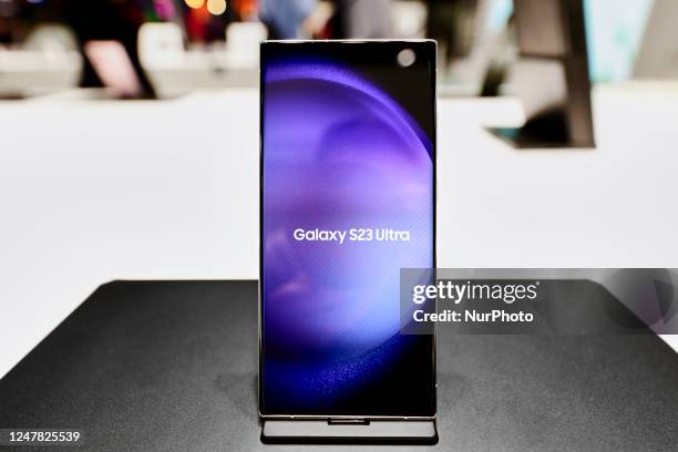 The Galaxy S23 Ultra, the top-range smartphone from the new S23 series of smartphones by Samsung, is being exhibited during the Mobile World Congress...