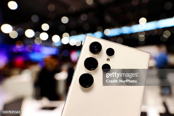 Detail of the camera of the Galaxy S23 Ultra, the newest top-range smartphone by Samsung, that is equipped with 4 lenses from 10MP to 200MP, being...