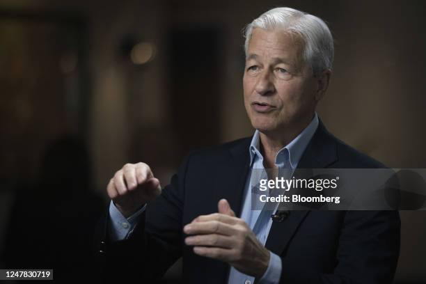 Jamie Dimon, chairman and chief executive officer of JPMorgan Chase & Co., during a Bloomberg Television interview at the JPMorgan Global High Yield...