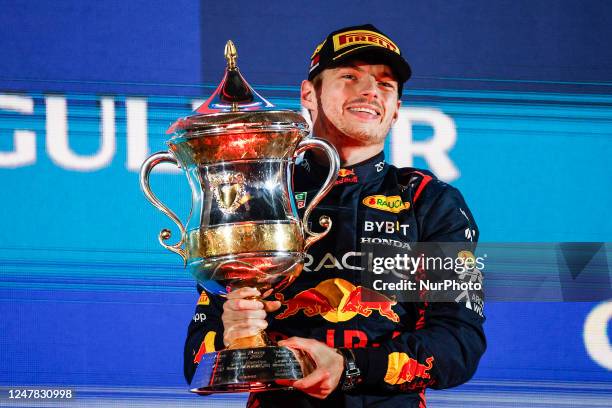 Max Verstappen of Netherlands, Oracle Red Bull Racing, portrait celebrates his victory at the podium with the trophy during the Formula 1 Gulf Air...