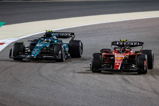 Formula 1 Bahrain Grand Prix 202355 Carlos Sainz of Spain, Scuderia Ferrari, SF-23 - Ferrari, action 14 Fernando Alonso of Spain, Aston Martin Aramco Cognizant, AMR23 - Mercedes, action during the Formula 1 Gulf Air Bahrain Grand Prix of the 2023 FIA Formula One World Championship from 2 to 5 of March, 2023. Bahrain International Circuit, in Sakhir, Bahrain.
