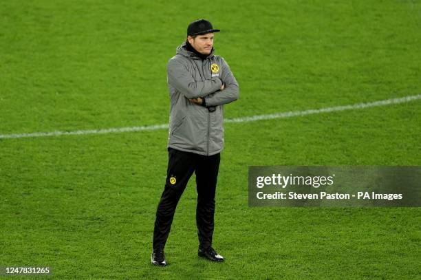 Borussia Dortmund manager Edin Terzic during a training session at Stamford Bridge, London. Picture date: Monday March 6, 2023.