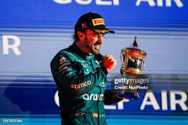 Fernando Alonso of Spain, Aston Martin Aramco Cognizant, portrait celebrates his podium with the trohpy during the Formula 1 Gulf Air Bahrain Grand...