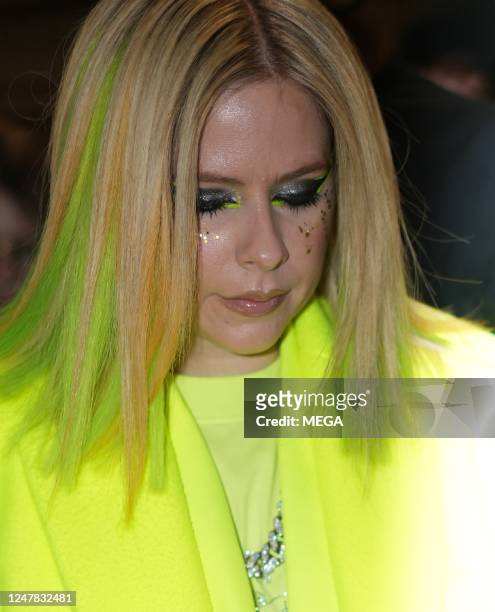 Avril Lavigne is seen arriving at the Dundas Show on March 6, 2023 in Paris, France.