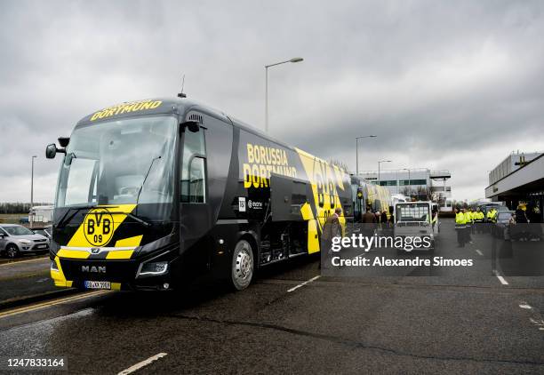 The Team Bus of Borussia Dortmund after landing in London ahead of their UEFA Champions League round of 16 match against Chelsea FC at Stamford...