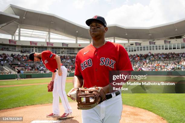 Rafael Devers of the Boston Red Sox takes the field for a Grapefruit League game against the Detroit Tigers on March 6, 2023 at JetBlue Park at...