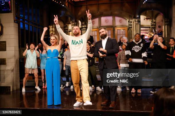 Travis Kelce, Kelsea Ballerini Episode 1840 -- Pictured: Musical guest Kelsea Ballerini, host Travis Kelce, and special guest Jason Kelce during the...