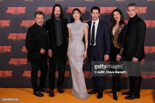 Ian McShane, Keanu Reeves, Rina Sawayama, Scott Adkins, Natalia Tena and Chad Stahelski attend the UK Gala Screening of "John Wick: Chapter 4" at...