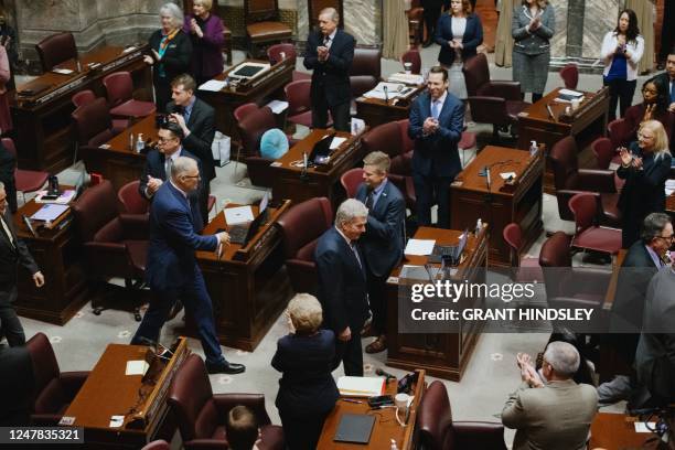 Finnish President Sauli Niinisto arrives to deliver remarks at the Washington State Capitol in Olympia, Washington, on March 6, 2023. - The visit by...
