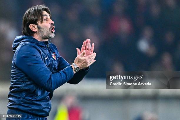 William Viali head coach of Cosenza reacts during the Serie B match between Genoa CFC v Cosenza at Stadio Luigi Ferraris on March 6, 2023 in Genoa,...