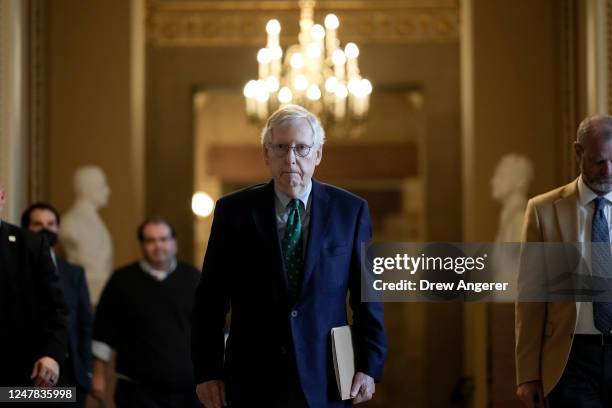 Senate Minority Leader Mitch McConnell leaves his office and walks to the Senate floor at the U.S. Capitol on March 6, 2023 in Washington, DC....