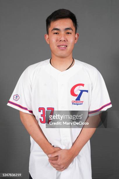 Jyun-Yue Tseng poses for a photo during the Team Chinese Taipei 2023 World Baseball Classic Headshots at Windsor Hotel Taichung on Friday, March 3,...