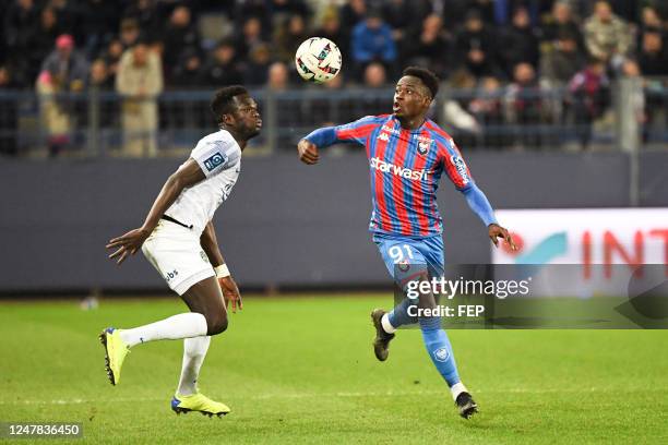Abdallah NDOUR - 91 Emmanuel NTIM during the Ligue 2 BKT match between Caen and Sochaux at Stade Michel D'Ornano on March 6, 2023 in Caen, France.