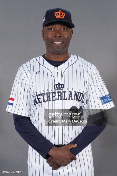 First base coach Eugene Kingsdale of Team Netherlands poses for a photo during the Team Netherlands 2023 World Baseball Classic Headshots on Sunday,...