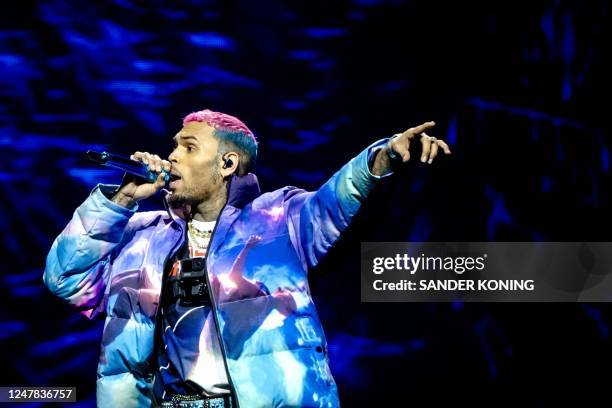 Singer Chris Brown performs during a concert at the Ziggo Dome in Amsterdam, on March 6, 2023. / Netherlands OUT