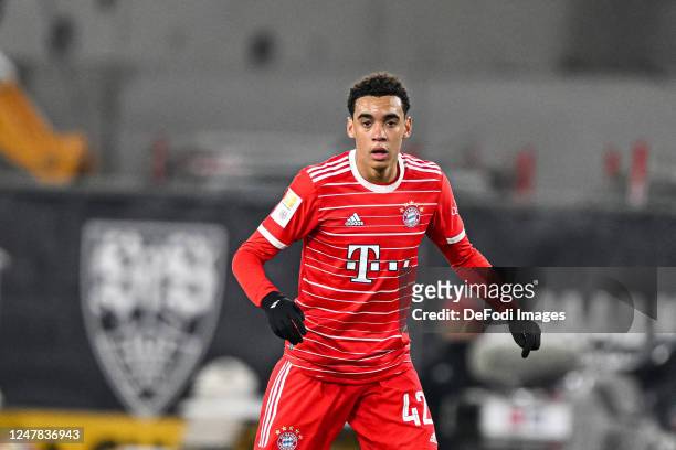 Jamal Musiala of Bayern Muenchen Looks on during the Bundesliga match between VfB Stuttgart and FC Bayern München at Mercedes-Benz Arena on March 4,...