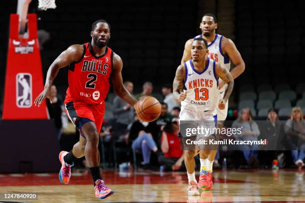 Jeremy Pargo of the Windy City Bulls brings the ball up court against the Westchester Knicks during the second half of an NBA G-League game on March...