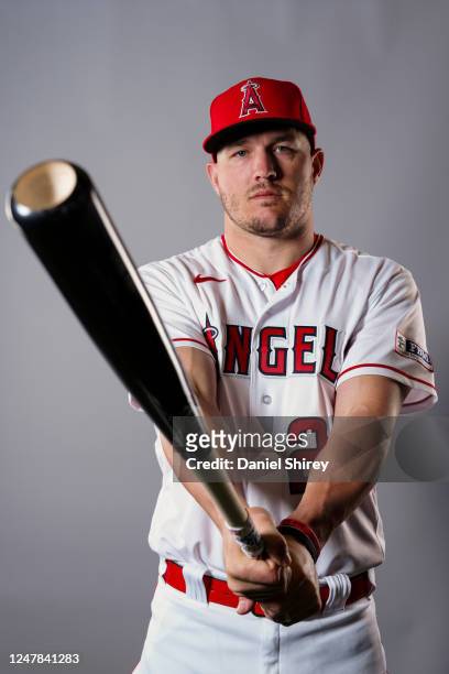 Mike Trout of the Los Angeles Angels poses for a photo during the Los Angeles Angels Photo Day at Tempe Diablo Stadium on Tuesday, February 21, 2023...