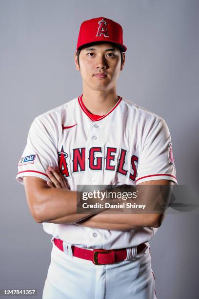 Shohei Ohtani of the Los Angeles Angels poses for a photo during the Los Angeles Angels Photo Day at Tempe Diablo Stadium on Tuesday, February 21,...