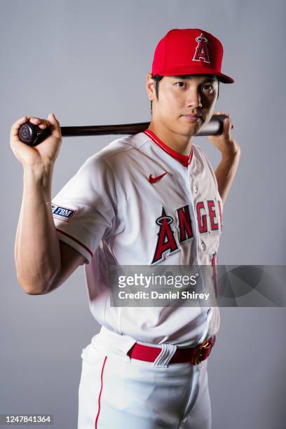 Shohei Ohtani of the Los Angeles Angels poses for a photo during the Los Angeles Angels Photo Day at Tempe Diablo Stadium on Tuesday, February 21,...