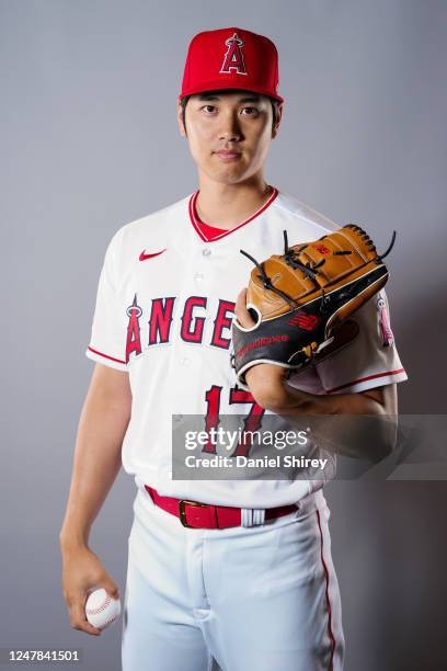 Shohei Ohtani of the Los Angeles Angels poses for a photo during the Los Angeles Angels Photo Day at Tempe Diablo Stadium on Tuesday, February 21,...