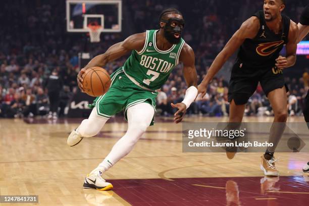 Jaylen Brown of the Boston Celtics drives to the basket during the game against the Cleveland Cavaliers on March 6, 2023 at Rocket Mortgage...