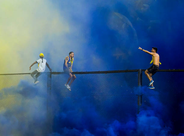 Fans of Boca Juniors cheer for their team before a match between Boca Juniors and Defensa y Justicia as part of Liga Profesional 2023 at Estadio...
