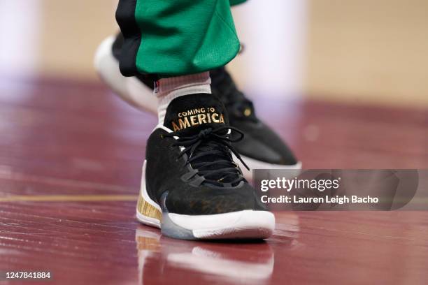 The sneakers worn by Malcolm Brogdon of the Boston Celtics before the game against the Cleveland Cavaliers on March 6, 2023 at Rocket Mortgage...