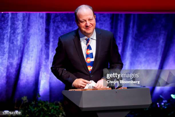 Jared Polis, governor of Colorado, during an event with US Vice President Kamala Harris, not pictured, at the Arvada Center for Performing Arts in...