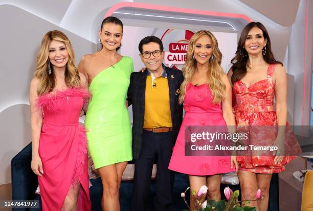 Myrka Dellanos, Alix Aspe, Juan Jose Origel, Veronica Bastos and Giselle Blondet are seen on set during La Mesa Caliente 1 Year Anniversary on March...