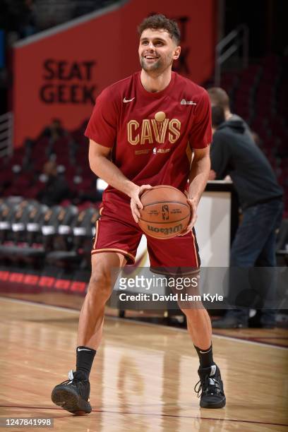 Raul Neto of the Cleveland Cavaliers smiles before the game against the Boston Celtics on March 6, 2023 at Rocket Mortgage FieldHouse in Cleveland,...