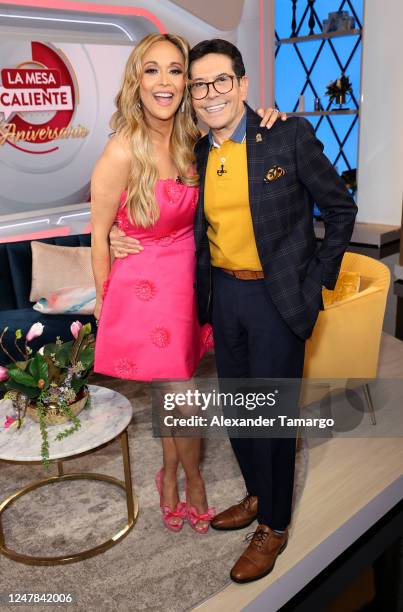 Veronica Bastos and Juan Jose Origel are seen on set during La Mesa Caliente 1 Year Anniversary on March 6, 2023 in Miami, Florida.