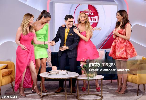 Myrka Dellanos, Alix Aspe, Juan Jose Origel, Veronica Bastos and Giselle Blondet are seen on set during La Mesa Caliente 1 Year Anniversary on March...