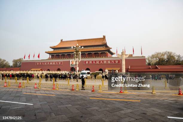 Visitors crowd Beijing Tiananmen Square on March 07, 2023 in Beijing, China. Foreign Minister Qin Gang answered questions from Chinese and foreign...