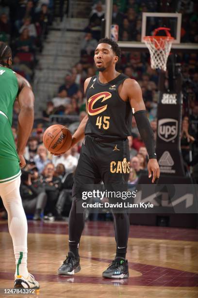 Donovan Mitchell of the Cleveland Cavaliers dribbles the ball during the game against the Boston Celtics on March 6, 2023 at Rocket Mortgage...