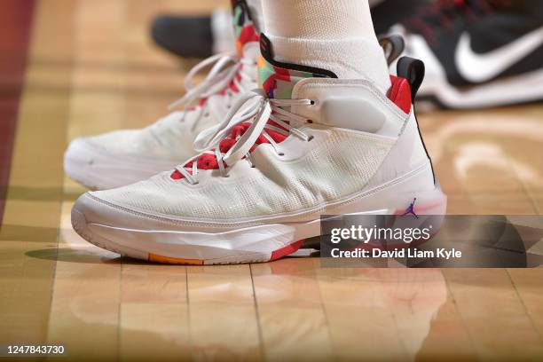 The sneakers worn by Blake Griffin of the Boston Celtics drives to the basket during the game against the Cleveland Cavaliers on March 6, 2023 at...