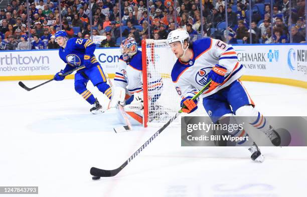 Kailer Yamamoto of the Edmonton Oilers skates with the puck against the Buffalo Sabres during an NHL game on March 6, 2023 at KeyBank Center in...