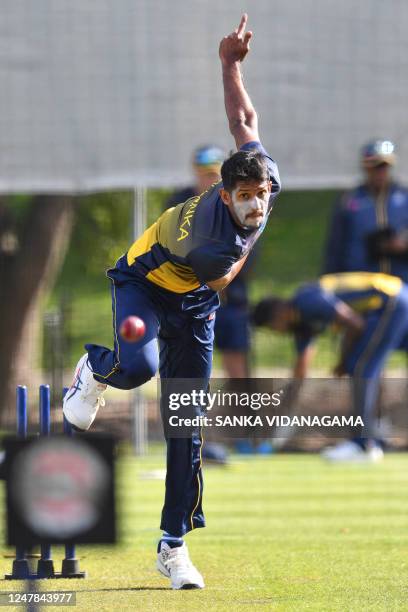 Sri Lanka's Kasun Rajitha bowls during a practice session ahead of the first Test cricket match between New Zealand and Sri Lanka at Hagley Oval in...