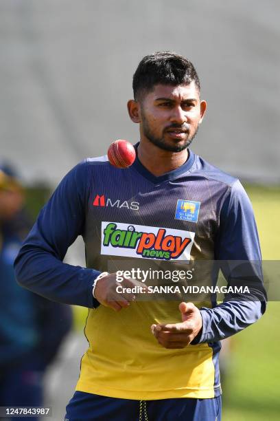 Sri Lanka's Kamindu Mendis attends a practice session ahead of the first Test cricket match between New Zealand and Sri Lanka at Hagley Oval in...