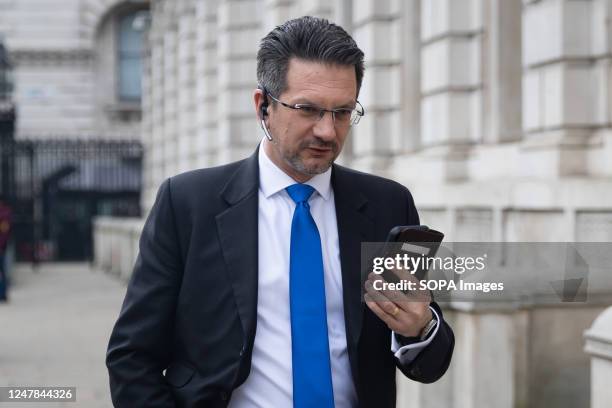 Minister of State for Northern Ireland Steve Baker is seen outside the Cabinet Office in London.