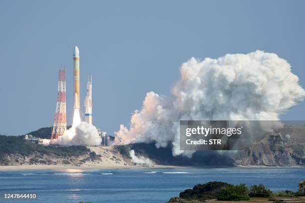 Japan's next generation "H3" rocket, carrying the advanced optical satellite "Daichi 3", leaves the launch pad at the Tanegashima Space Center in...