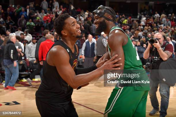 Donovan Mitchell of the Cleveland Cavaliers and Jaylen Brown of the Boston Celtics after the game on March 6, 2023 at Rocket Mortgage FieldHouse in...